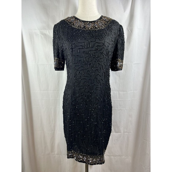 Stenay Black knee sheath dress gown gold bead pearl sequin size P6 VTG - Picture 1 of 11